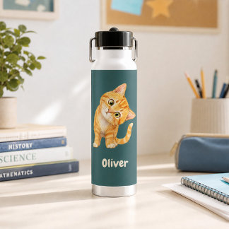Personalisierte lustige orange Katze dunkle Teal-W Trinkflasche