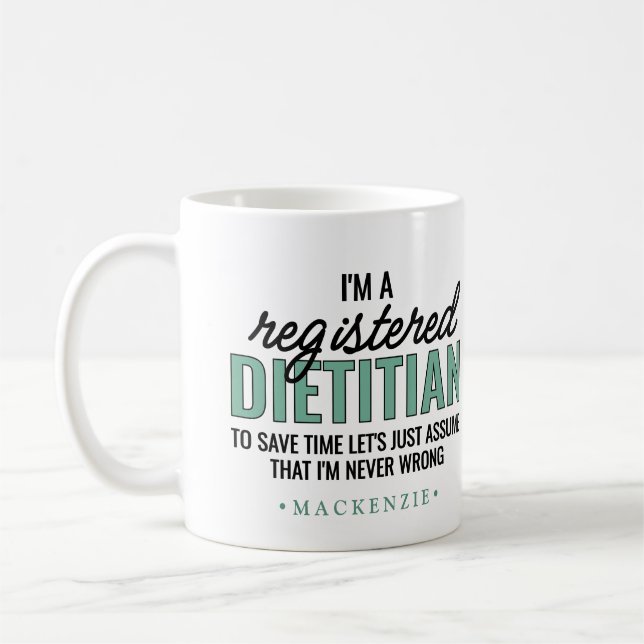 Personalisierte lustige RD-Diätassistenten-Geschen Kaffeetasse (Links)