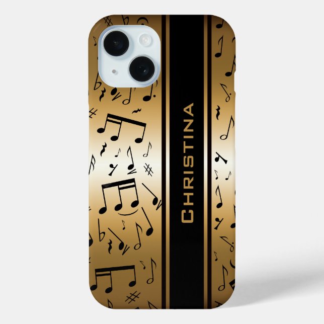 Personalisierte Luxus-Gold- und Black-Musiknoten iPhone 15 Hülle (Rückseite)