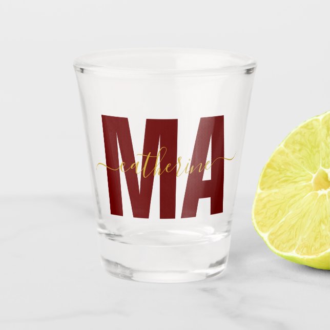 Personalisierte MA Masters of Arts Maroon & Gold Schnapsglas (Vorderseite)