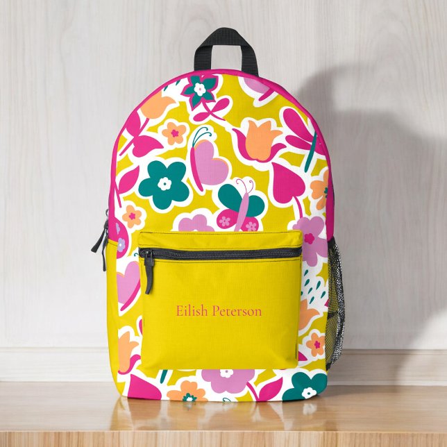 Personalisierte, mädchenhafte, abstrakte Blume Bedruckter Rucksack (personalized colorful floral and butterfiles school bag )