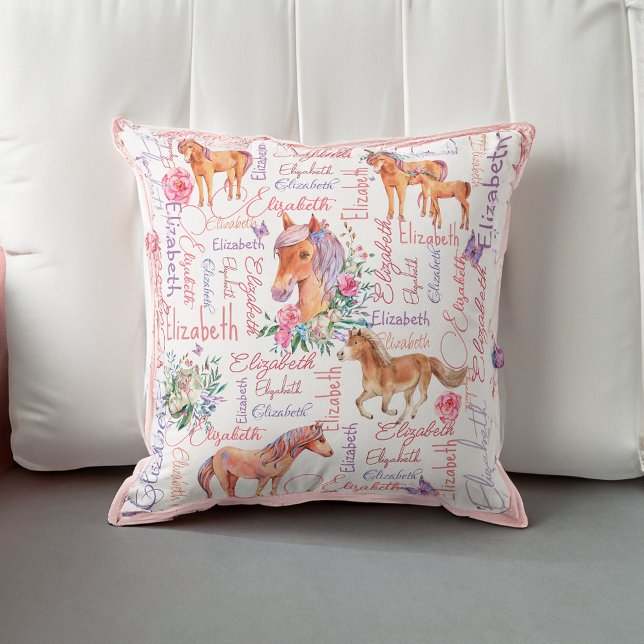 Personalisierte Mädchennamen Collagen mit Ponys Kissen (Personalized girls name collage with ponies throw pillow)