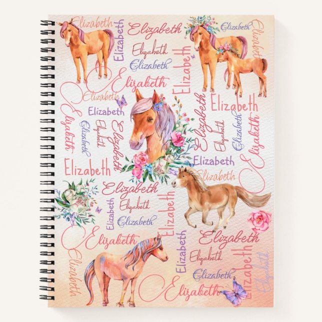 Personalisierte Mädchennamen Collagen mit Ponys Notizbuch (Vorderseite)