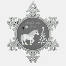 Personalisierte magische Weiße Einhorn und Fairy Schneeflocken Zinn-Ornament