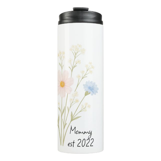 Personalisierte Mama Est. Thermaltumbler mit Blume Thermosbecher (Vorderseite)