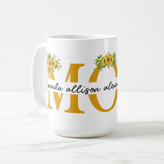Personalisierte MAMA Sonnenblume mit Kindernamen Kaffeetasse (Vorderseite Links)