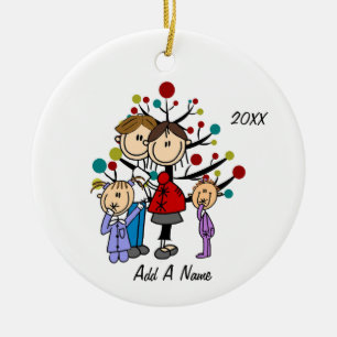 Personalisierte Mama, Vater, zwei Mädchen rot Keramik Ornament