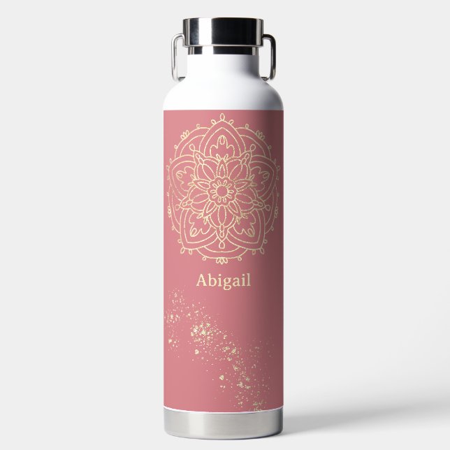 Personalisierte Mandala Rose Rosa Gold Meditation Trinkflasche (Vorderseite)