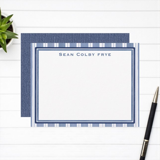 Personalisierte Männer-blaue Lackierung Mitteilungskarte (Blue striped personalized men’s stationery)