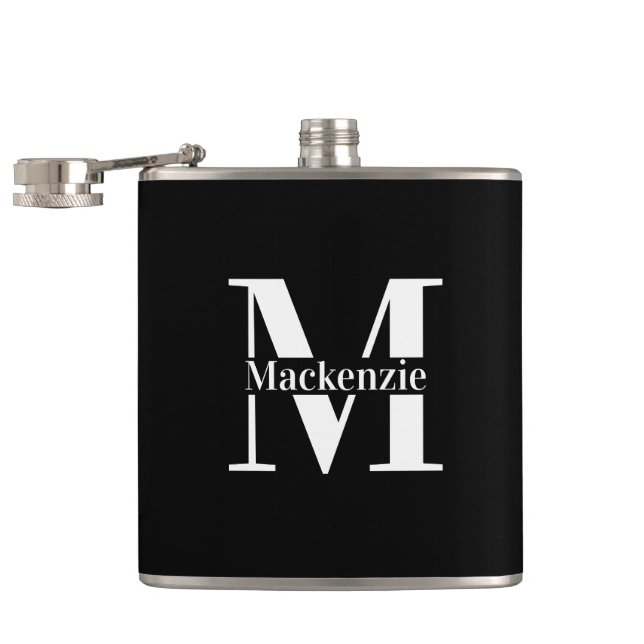 Personalisierte Maßanfertigung Monogramm Schwarz Flachmann (Geöffnet)