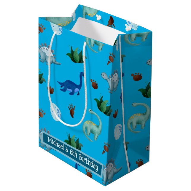 Personalisierte Mehrfach-Dino-Art in Türkis Mittlere Geschenktüte (Rückseite Schrägansicht)