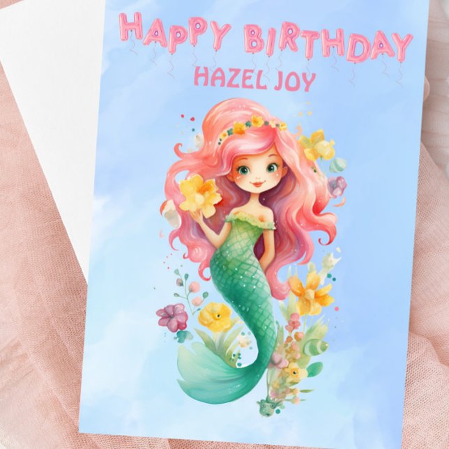 Personalisierte Mermaid Happy Birthday Card Karte (Personalized Mermaid Birthday Card - Soft Pastel Watercolors - For Mermaid Lovers)