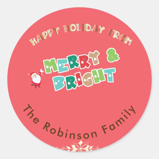 Personalisierte Merry & Bright Familie Runder Aufkleber (Vorderseite)