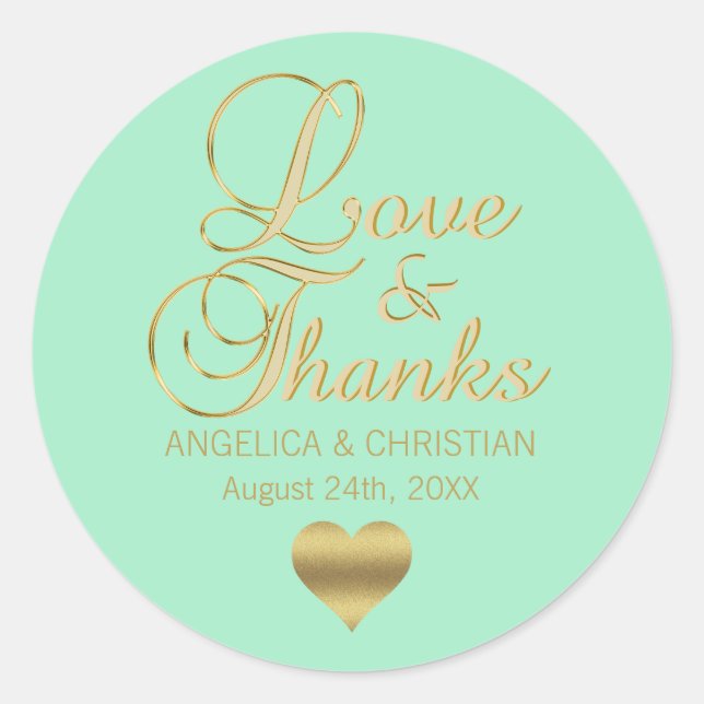 Personalisierte MINT Gold LIEBE & DANK Hochzeit Runder Aufkleber (Vorderseite)