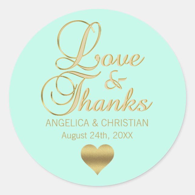 Personalisierte MINT Gold LIEBE & DANK Hochzeit Runder Aufkleber (Vorderseite)