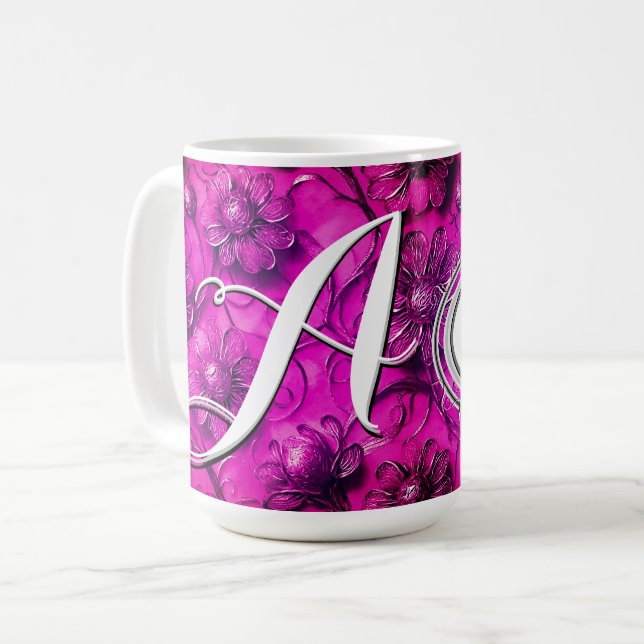 Personalisierte Mit Monogramm rosa Blume für sie Kaffeetasse (Vorderseite Links)