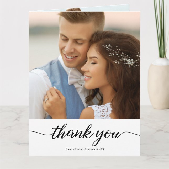 Personalisierte moderne Hochzeit 2 Fotos Dankeskarte (Vorderseite)