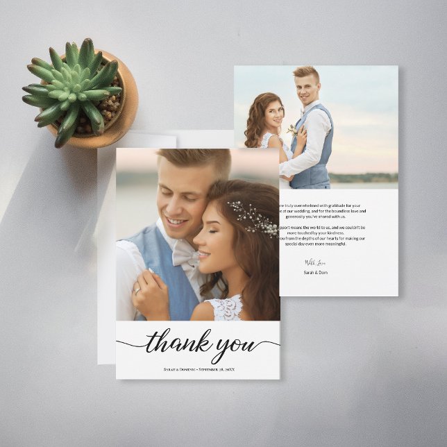 Personalisierte moderne Hochzeit 2 Fotos Dankeskarte (Simple, Chic, elegant script two wedding photo featured customizable wedding thank you cards.)