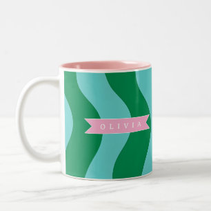 Personalisierte Moderne Lustige Grüne Wellen Strei Zweifarbige Tasse