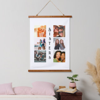 Personalisierte moderne Schwestern 6 FotoCollage Wandteppich Mit Holzrahmen