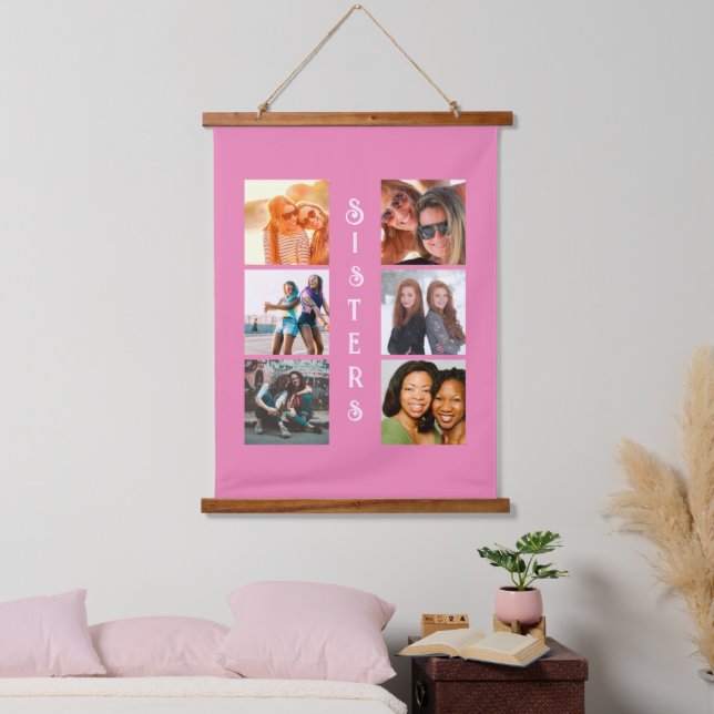 Personalisierte moderne Schwestern 6 FotoCollage Wandteppich Mit Holzrahmen (Schlafzimmer)