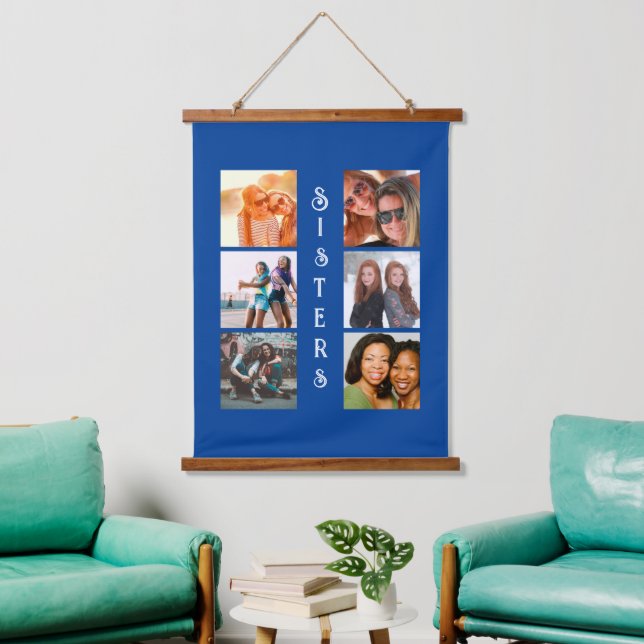 Personalisierte moderne Schwestern 6 FotoCollage Wandteppich Mit Holzrahmen (Wohnzimmer)