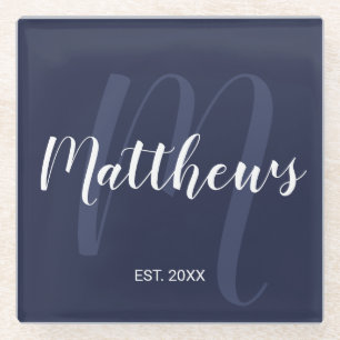 Personalisierte moderne Script-Monogramm und Famil Glasuntersetzer