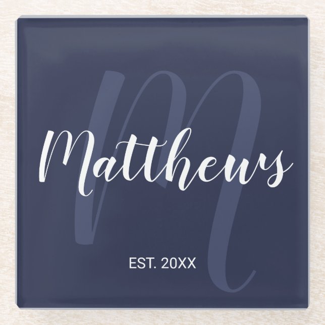 Personalisierte moderne Script-Monogramm und Famil Glasuntersetzer (Vorderseite)