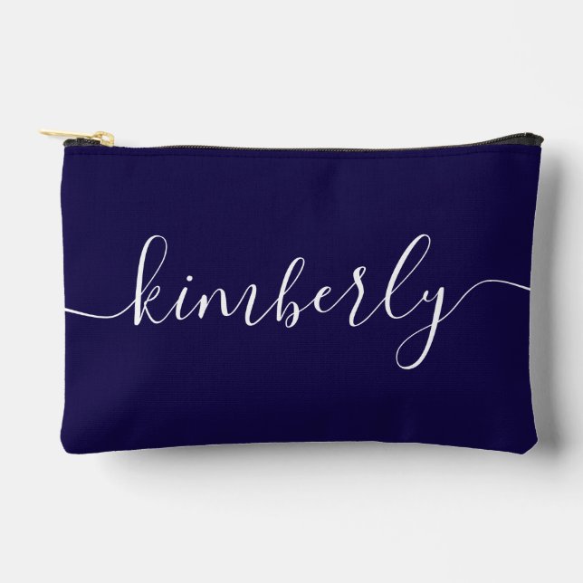 Personalisierte moderne Script Typografie Navy Blu Zubehörtasche (Vorderseite)
