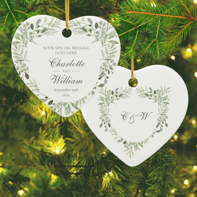 Personalisierte Mongram Greenerity Wedding Keramik Ornament (Personalized Monogram Greenery Wedding Ceramic Ornament)