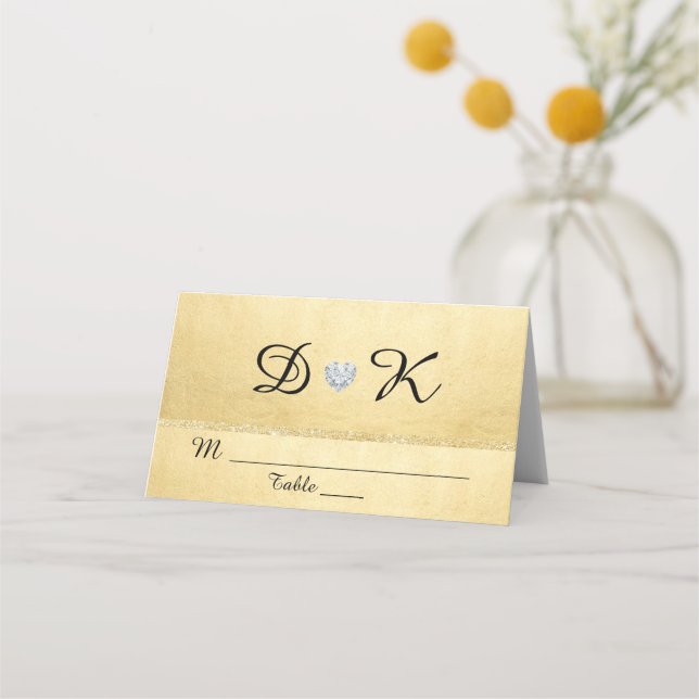 Personalisierte Monogram Gold Heart Diamond Weddin Platzkarte (Vorderseite)