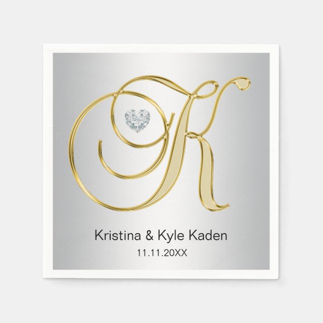 Personalisierte Monogram Gold Letter K Silver Wedd Serviette (Vorderseite)