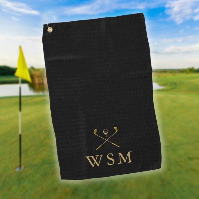 Personalisierte Monogram Golf Clubs Black und Gold Golfhandtuch (Personalized Monogram Golf Clubs Black And Gold Golf Towel)