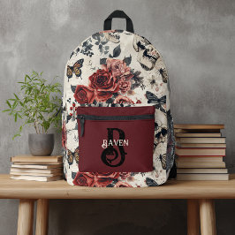 Personalisierte Monogram Gothic Rote Rose and Skul Bedruckter Rucksack