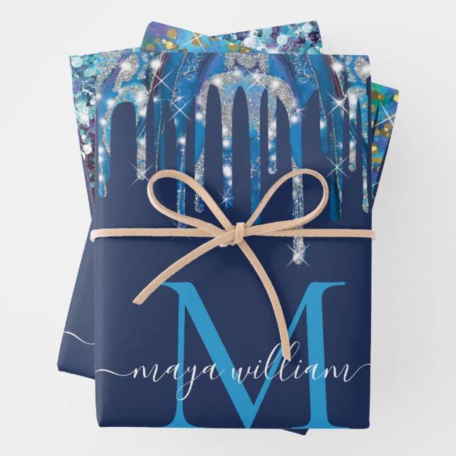 Personalisierte Monogram Novy Blue Glitzer Tropfen Geschenkpapier Set (Beispiel)