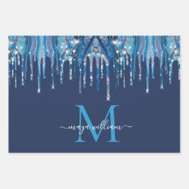 Personalisierte Monogram Novy Blue Glitzer Tropfen Geschenkpapier Set