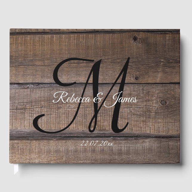 Personalisierte Monogram Rustic Wood Script Hochze Gästebuch (Vorderseite)