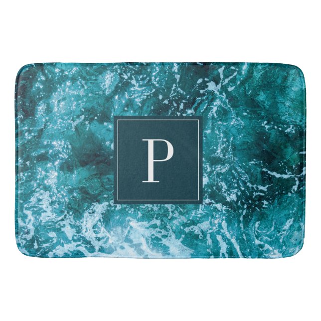 Personalisierte Monogram Türkis Sea Waves Badematte (Vorderseite)