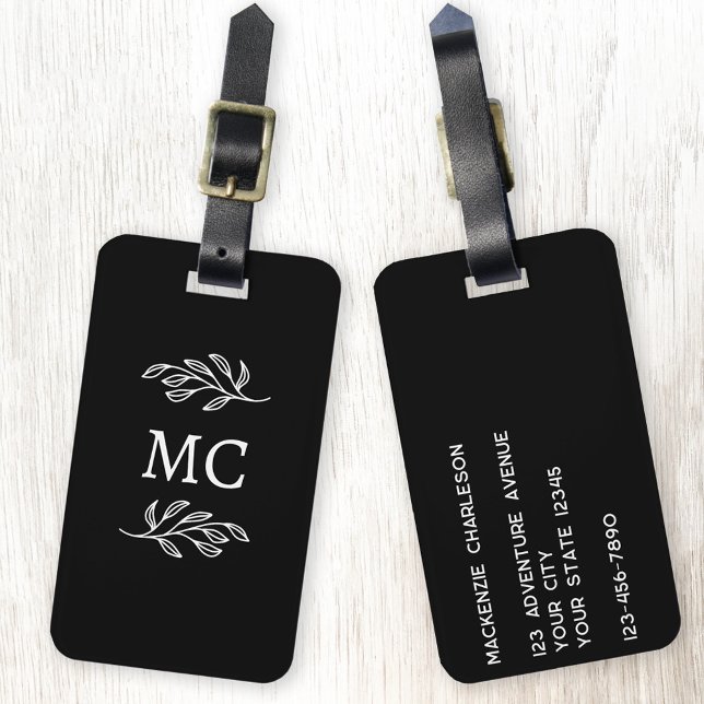Personalisierte Monogramm-Anfangsbuchstaben Botani Gepäckanhänger (Personalized monogram initial botanical leaf art minimalist black and white luggage tag)
