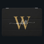 Personalisierte Monogramm-Bezeichnung für Schwarz  iPad Pro Cover<br><div class="desc">Girly Elegant Schwarz und Gold einfache Minimal Monogram Initial Name Script Custom Personalisiert iPad Cover. Diese Design mit Ihrem Vornamen in einem hübschen handgeschriebenen Stil Swash Schwanz Schriftart Typografie (oder Kalligrafie) mit Monogramm Erstmaligkeit in weiß und Gold auf schwarzem Hintergrund. Diese lassen sich einfach anpassen. Große stilvolle weibliche Geschenke zum...</div>