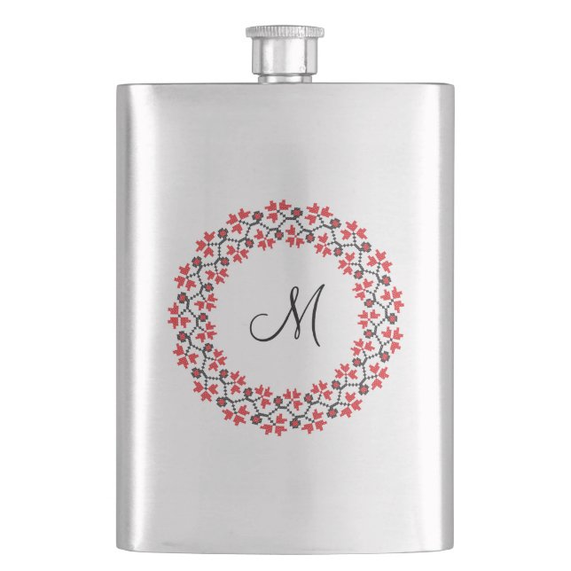 Personalisierte Monogramm-Blume Roter Ring Flachmann (Vorderseite)