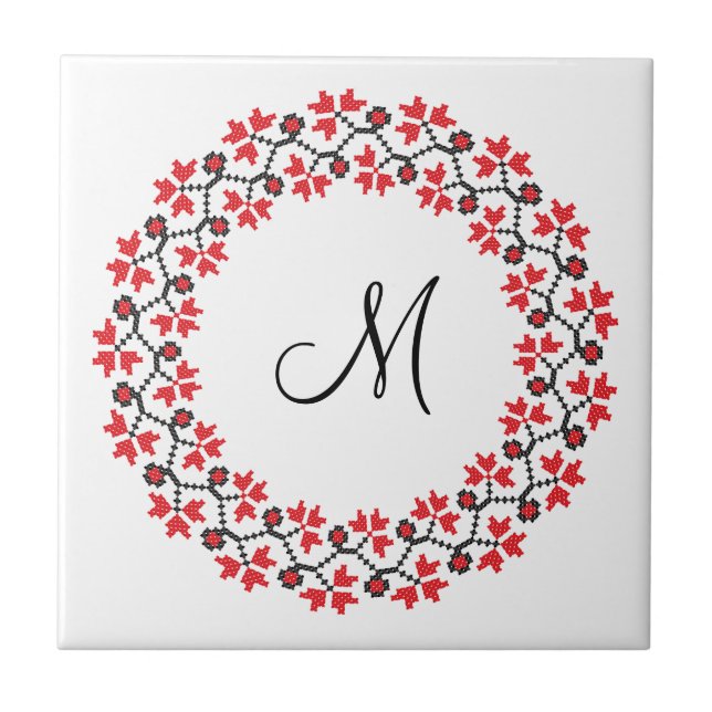 Personalisierte Monogramm-Blume Roter Ring Fliese (Vorderseite)