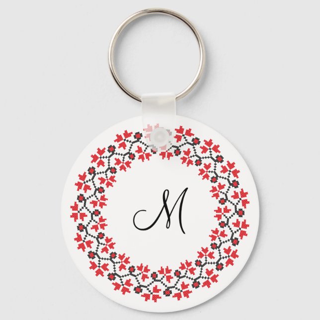 Personalisierte Monogramm-Blume Roter Ring Schlüsselanhänger (Vorderseite)