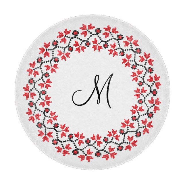 Personalisierte Monogramm-Blume Roter Ring Schneidebrett (Vorderseite)