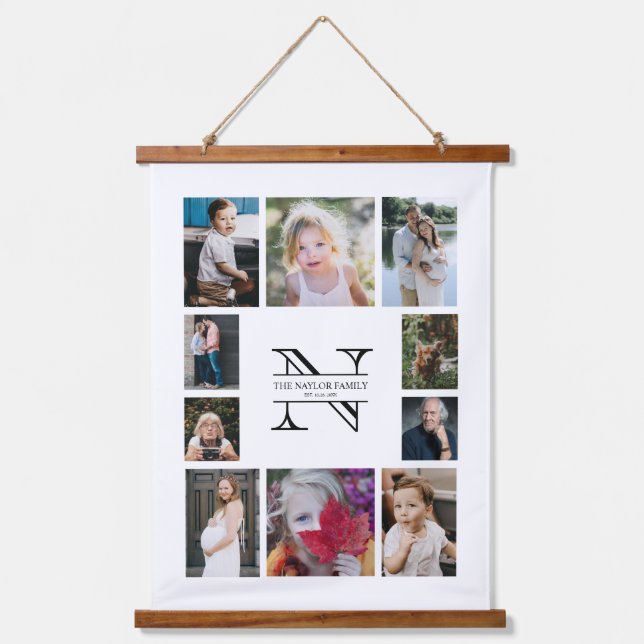 Personalisierte Monogramm-Familie 10 FotoCollage Wandteppich Mit Holzrahmen (Vorderseite)