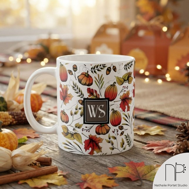 Personalisierte Monogramm farbige Herbsternte Kaffeetasse (This autumn harvest mug features hand-drawn pumpkins and leaves for seasonal fall coffee drinking.)