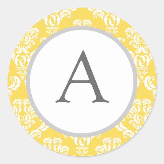 Personalisierte Monogramm-Gelbe Damast-Umschlag Au Runder Aufkleber (Vorderseite)