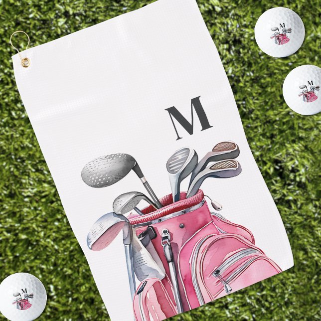 Personalisierte Monogramm-Golfschläger Rosa Golfhandtuch (Pink Watercolor Initial Monogram Golf Towel)