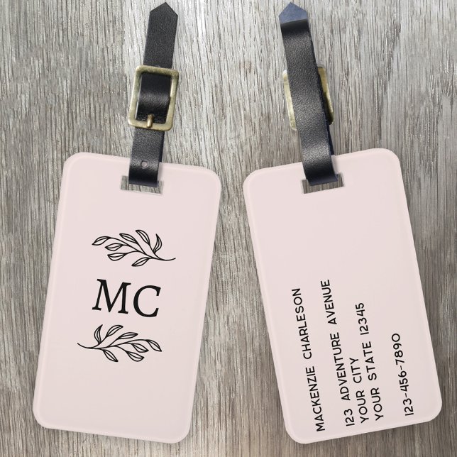 Personalisierte Monogramm-Initialen Botanischer Bl Gepäckanhänger (Modern monogarm initial name personalized botanical leaf line art minimalist blush pink luggage tag)
