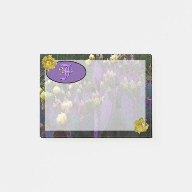 Personalisierte Monogramm Lila Kaktus Gelbe Blumen Post-it Klebezettel (Vorderseite)